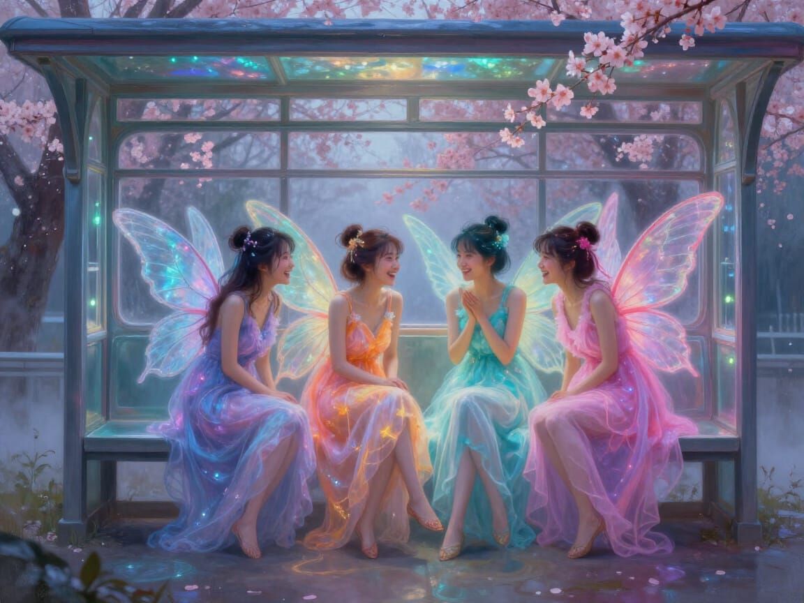 Asian Fairies in Bioluminescent Silkpunk Bus Station