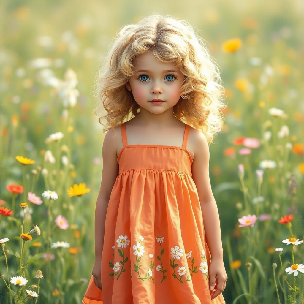 Whimsical Girl in a Lush Meadow