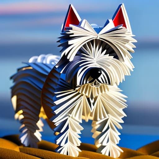 Imari Westie in Origami Paper Landscape