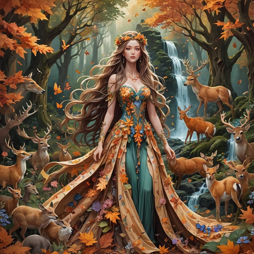 Autumn Goddess in Forest, Hyperrealistic Digital Art