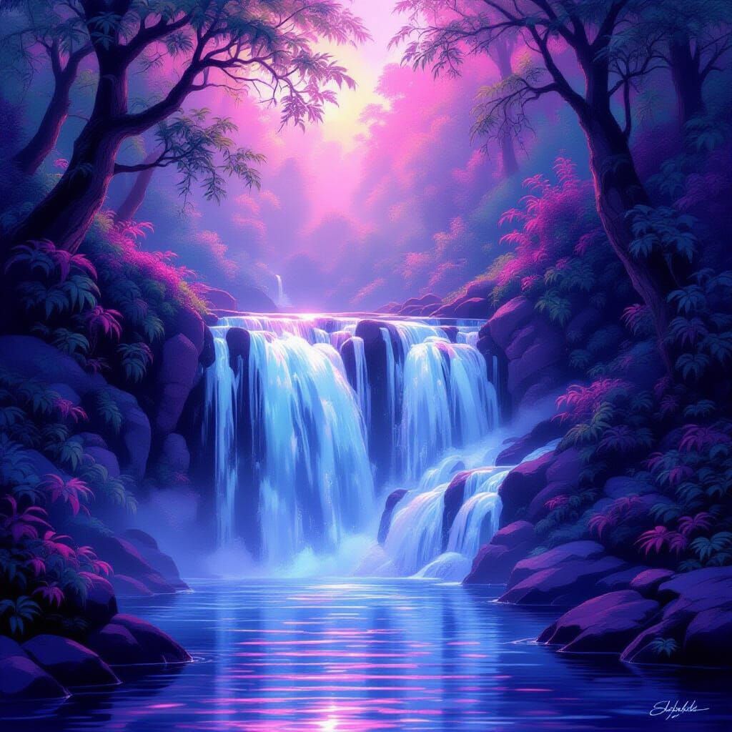 Pink and Violet Waterfall in Mystical Forest