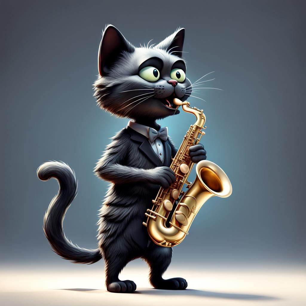 Black Cat Plays Saxophone: Funny Caricature