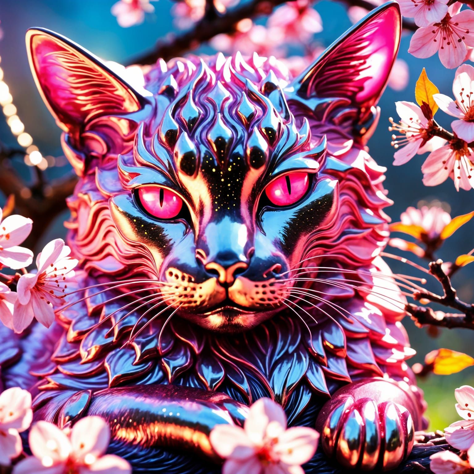 Cyborg Cat in Alien Cherry Blossoms