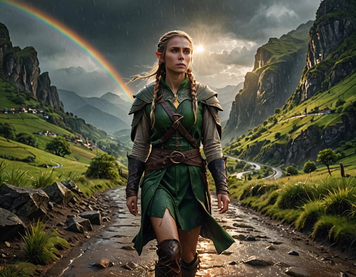 Elf Hero Walks After Rain, Hyperrealistic Art