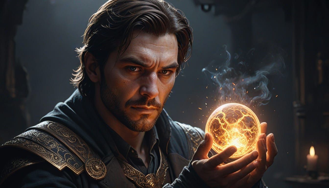 Man Studies Mysterious Device in Cinematic Portrait