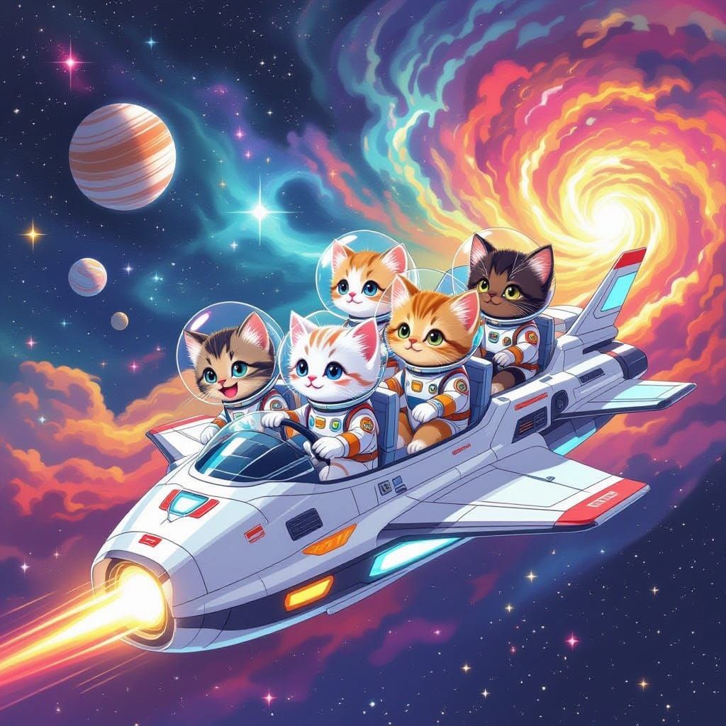 Adorable Kittens Pilot Spacecraft through Vibrant Rosette Ne...