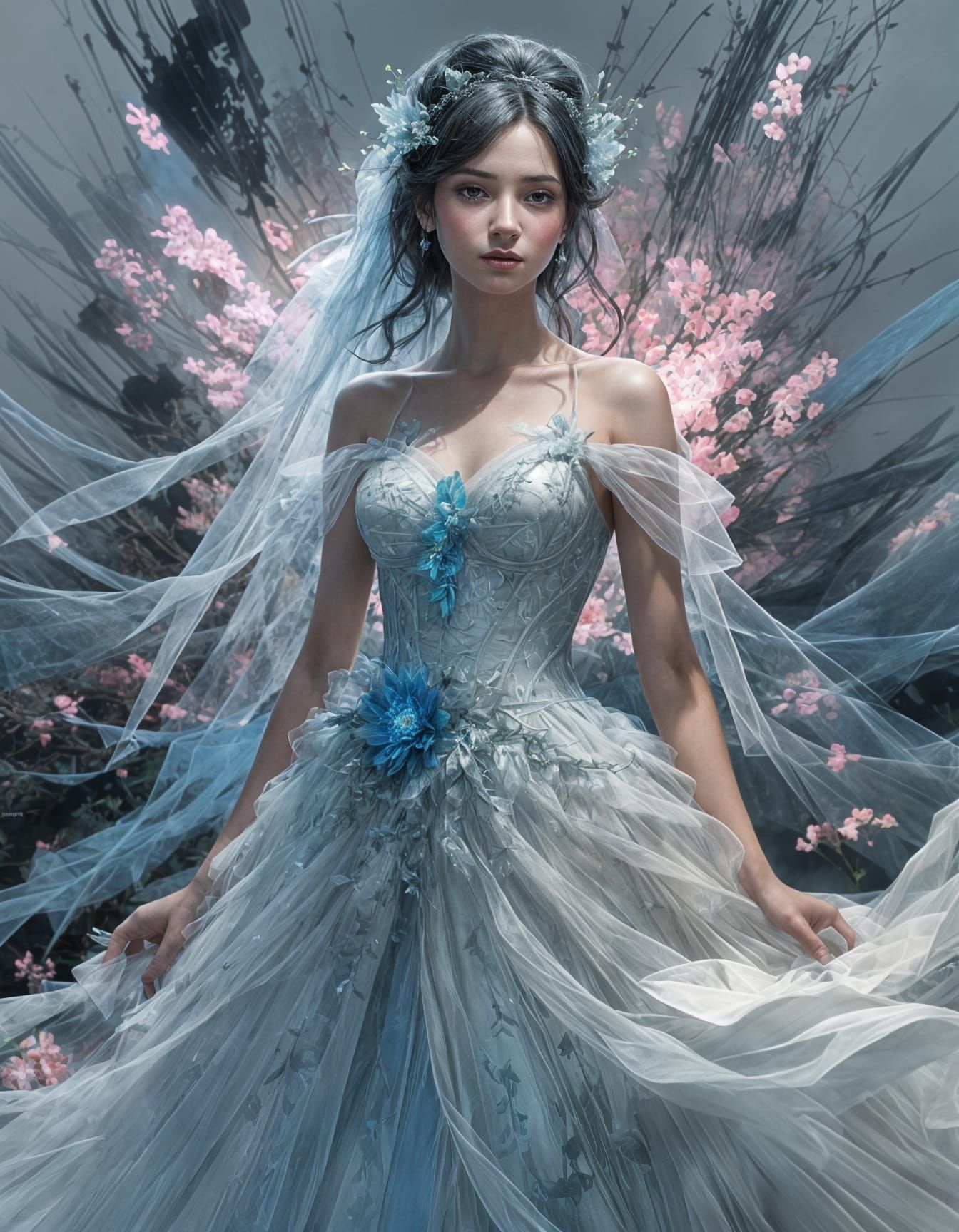 Bioluminescent Fantasy Bride in Blue Tulle Dress