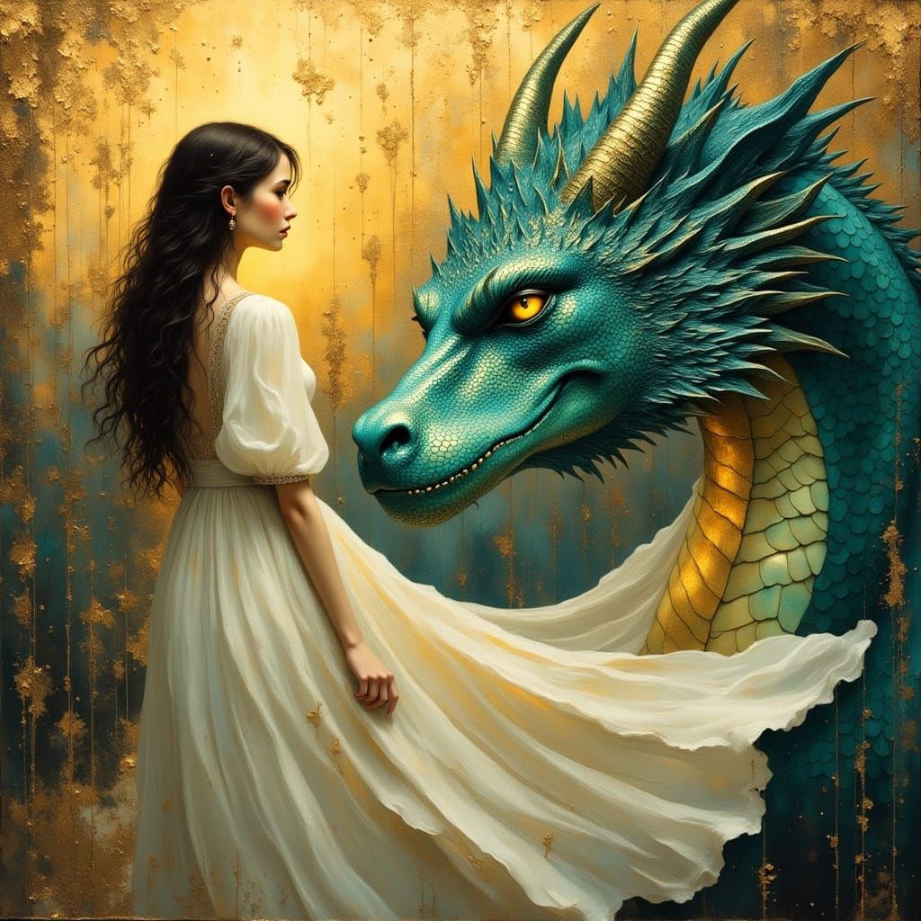 Majestic Woman and Dragon in Golden Hour Fantasy Art