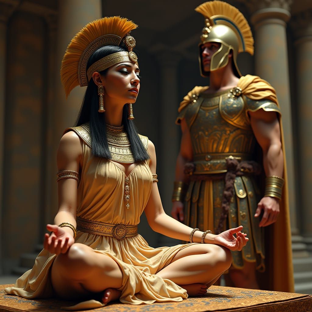 Elegant Egyptian Queen Meditating Before Roman Soldier
