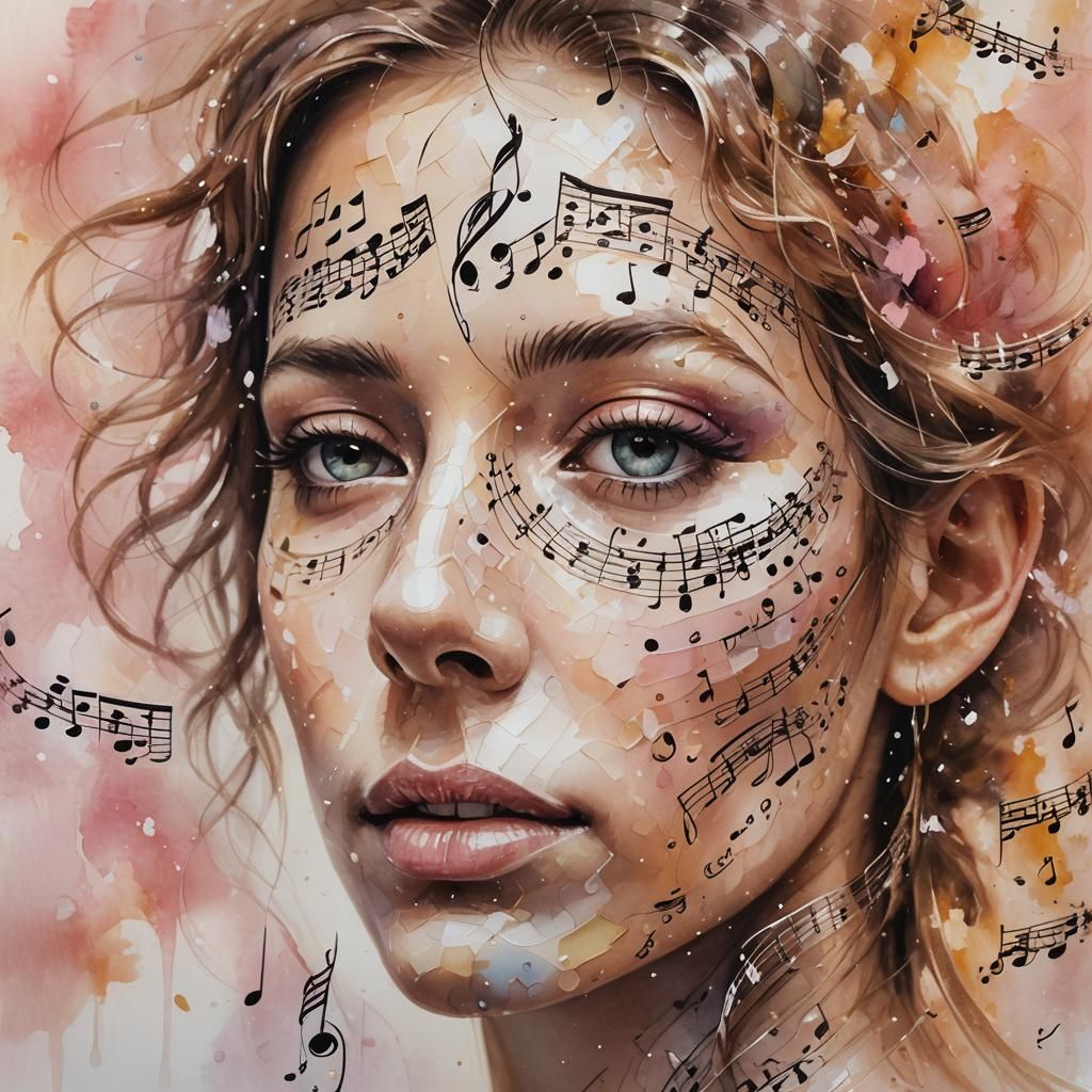 Musical Note Face in Oil and Watercolor Style