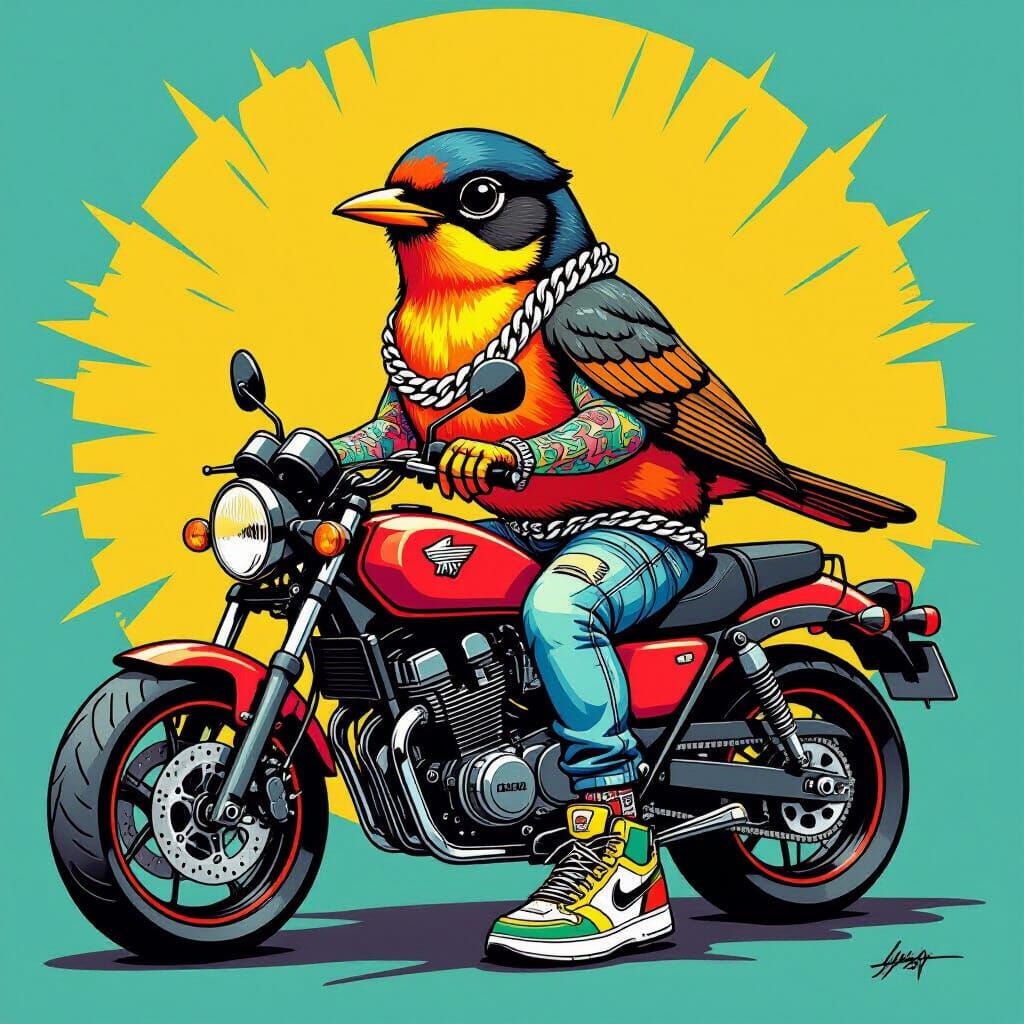 Robin Bird on Motorcycle: Bold and Bright Illustration