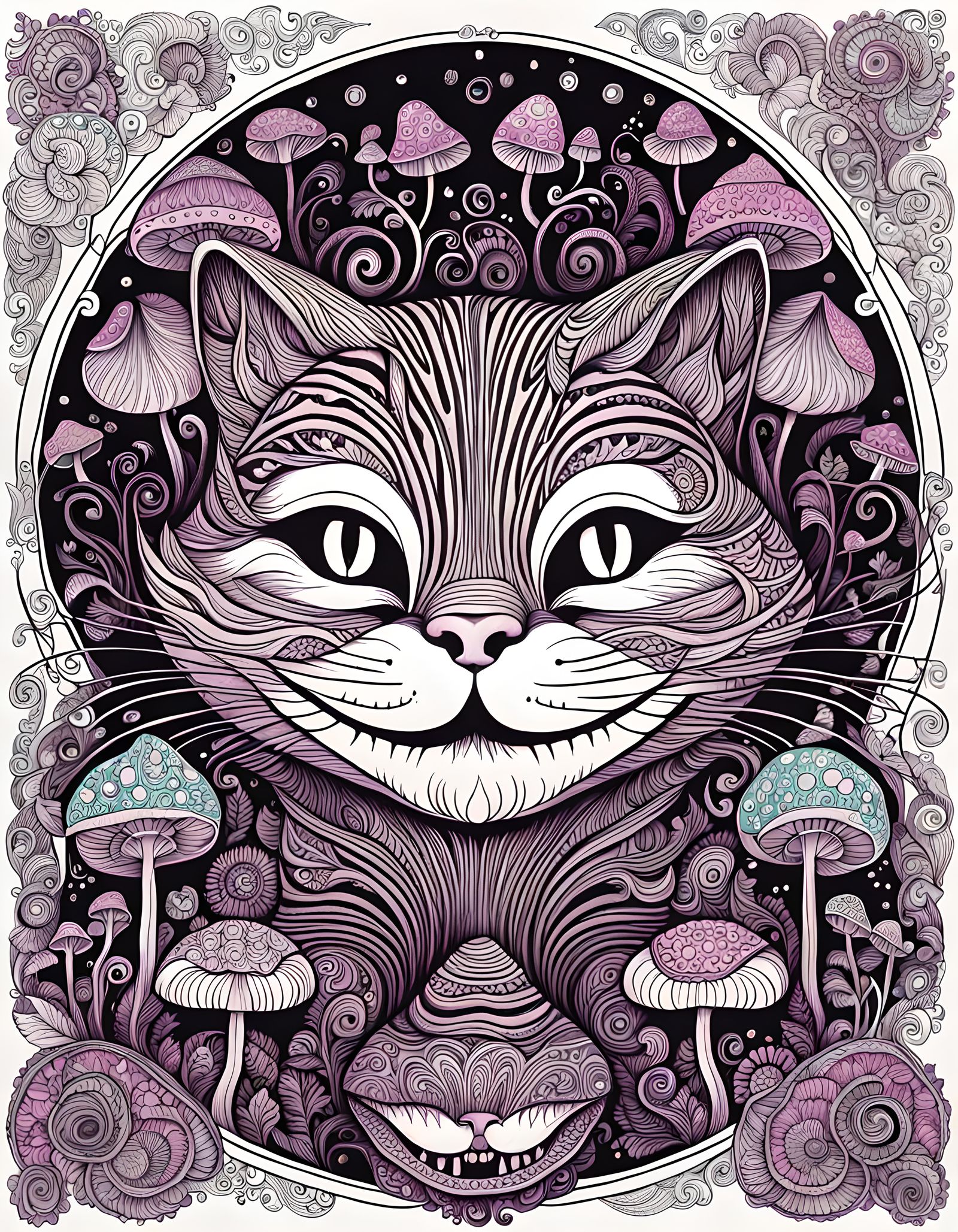 Psychedelic Cheshire Cat with Mushrooms in Ink
