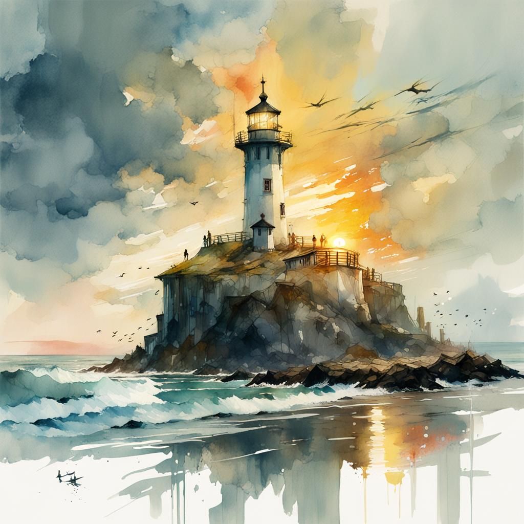 Lighthouse Sunset: Stylized Digital Watercolor Illustration