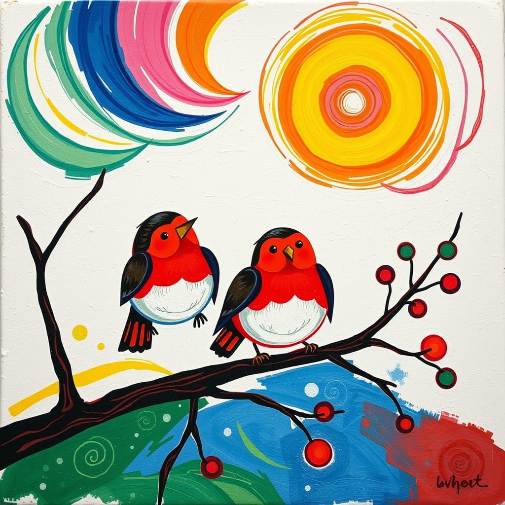 Joyful Robin Redbreasts in Vibrant Cubist Scene