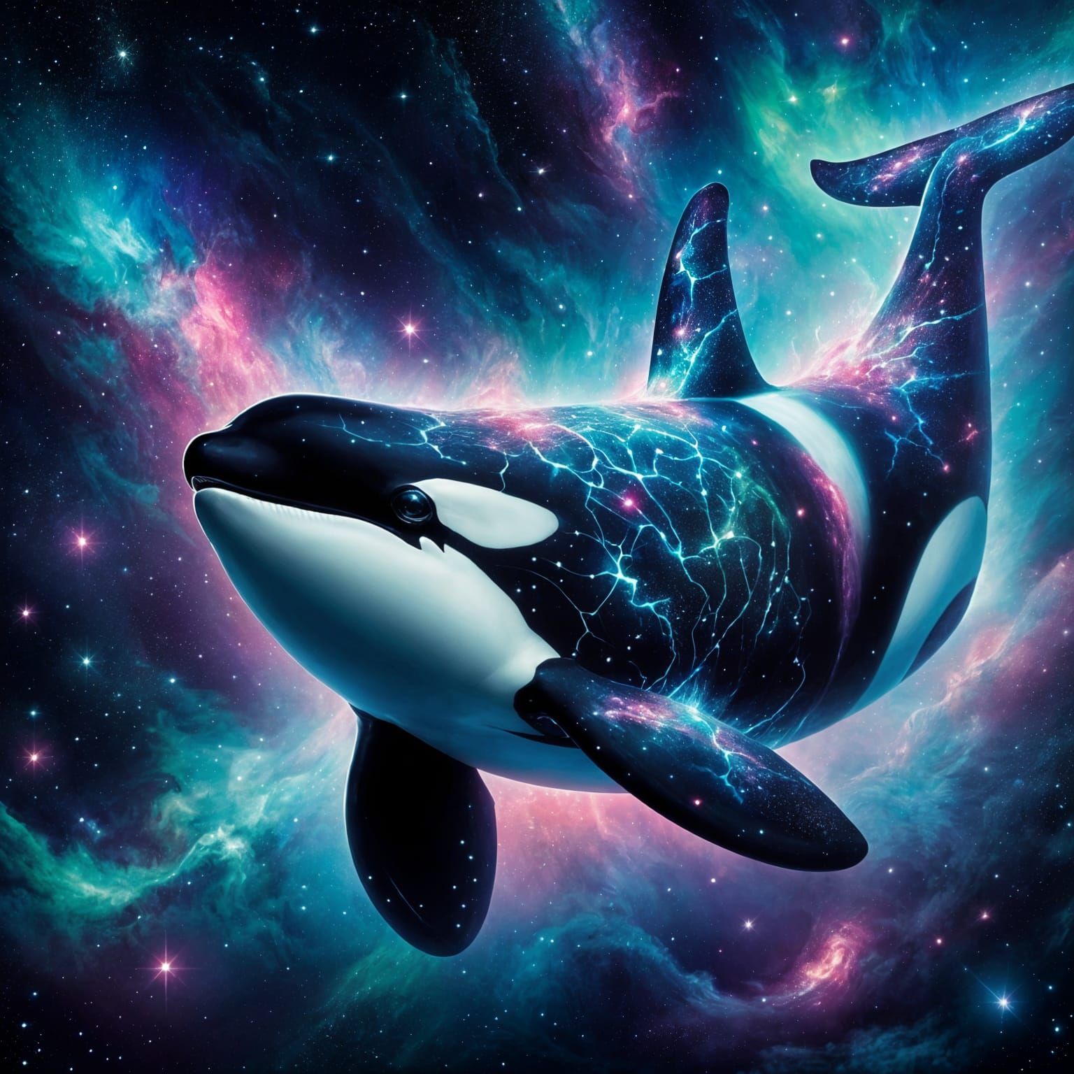 Cosmic Orca Drifting Through Starry Ocean in Surreal Style