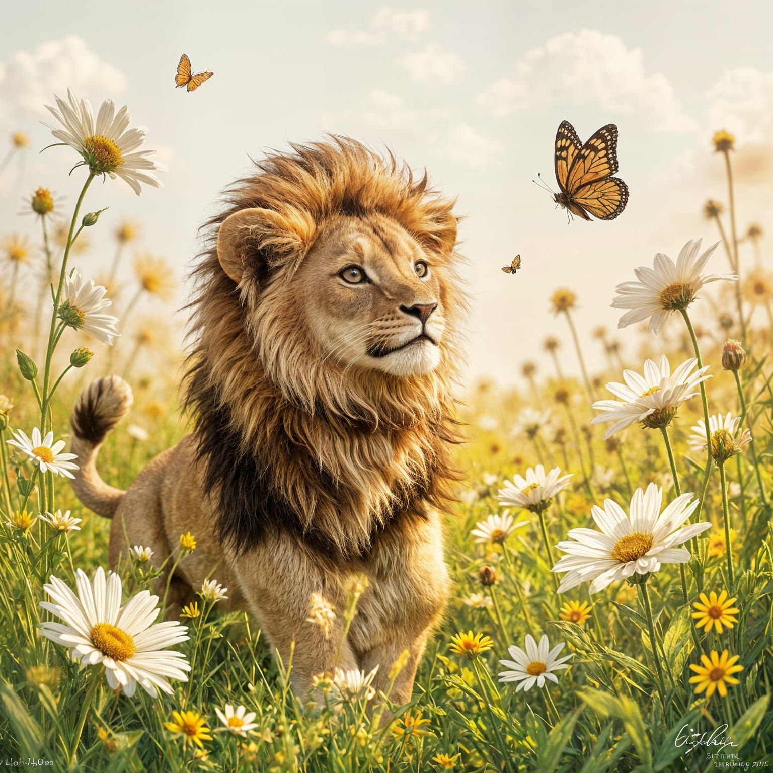 Majestic Lion Cub Chasing Butterfly in Luminous Wildflower F...