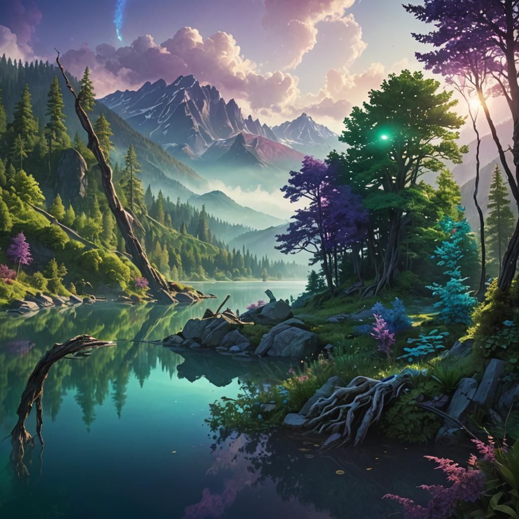 Calm Lake Reflects Emerald Forest and Mountains