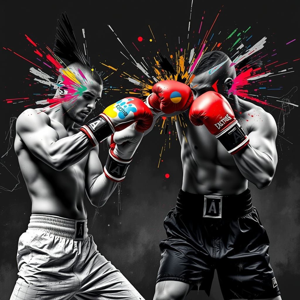 Dynamic Boxers Clash in Stylized Paint Splatter