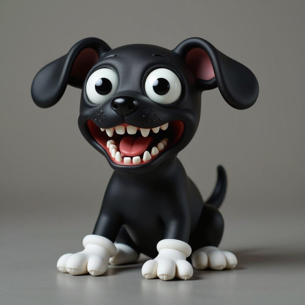 Unnerving Puppy Caricature with Ink-Black Body