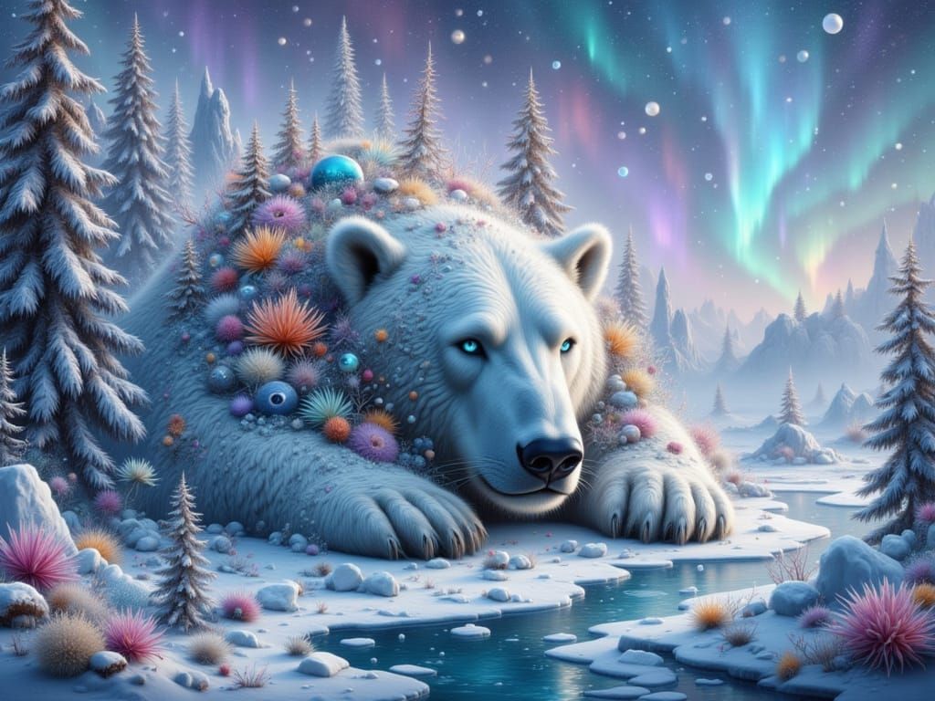 Surreal Polar Bear Amidst Winter Wonderland