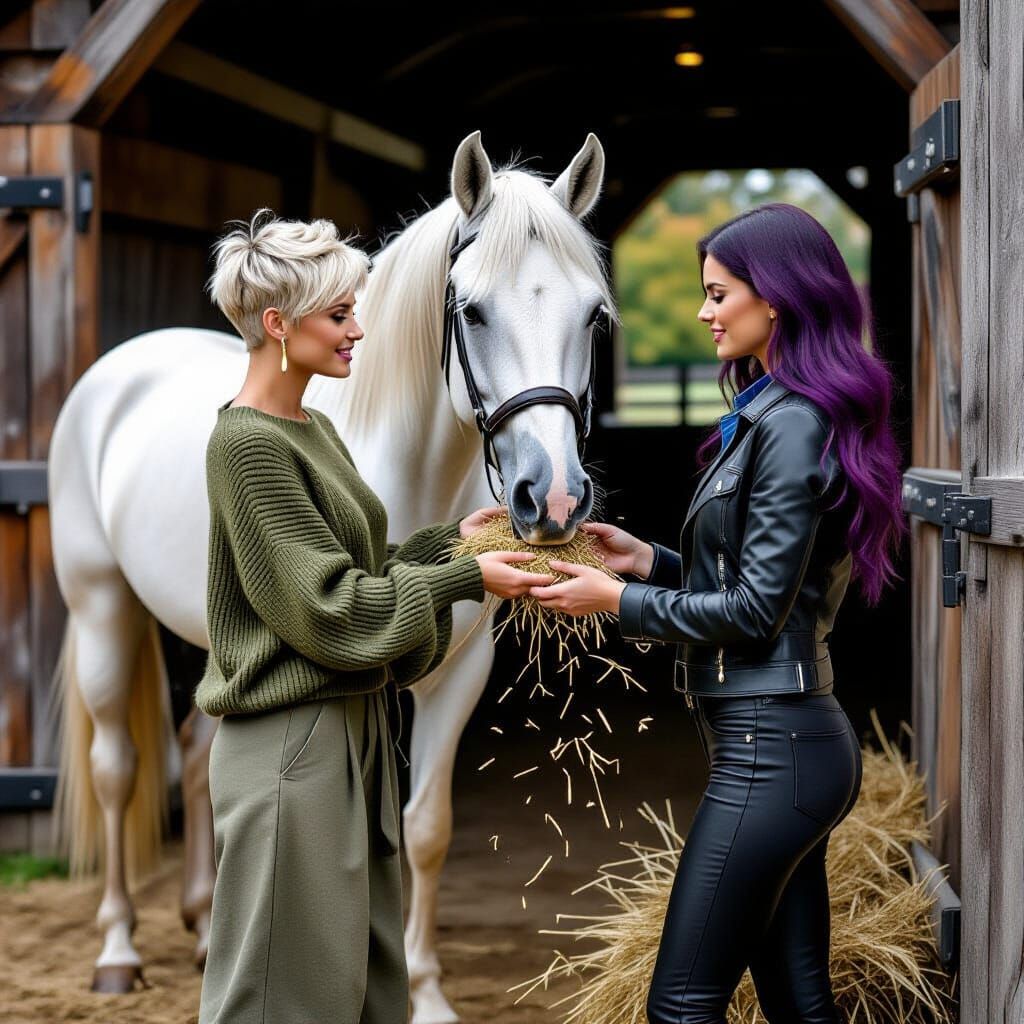 Woman Feeds Horse in Elegant Stable at Darkwood Manor