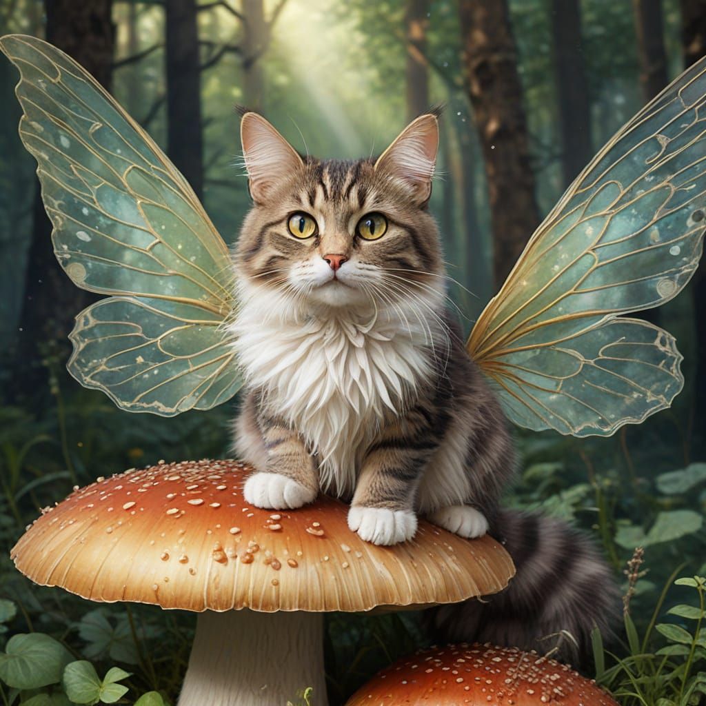 Mischievous Forest Cat with Gossamer Wings on Mushroom