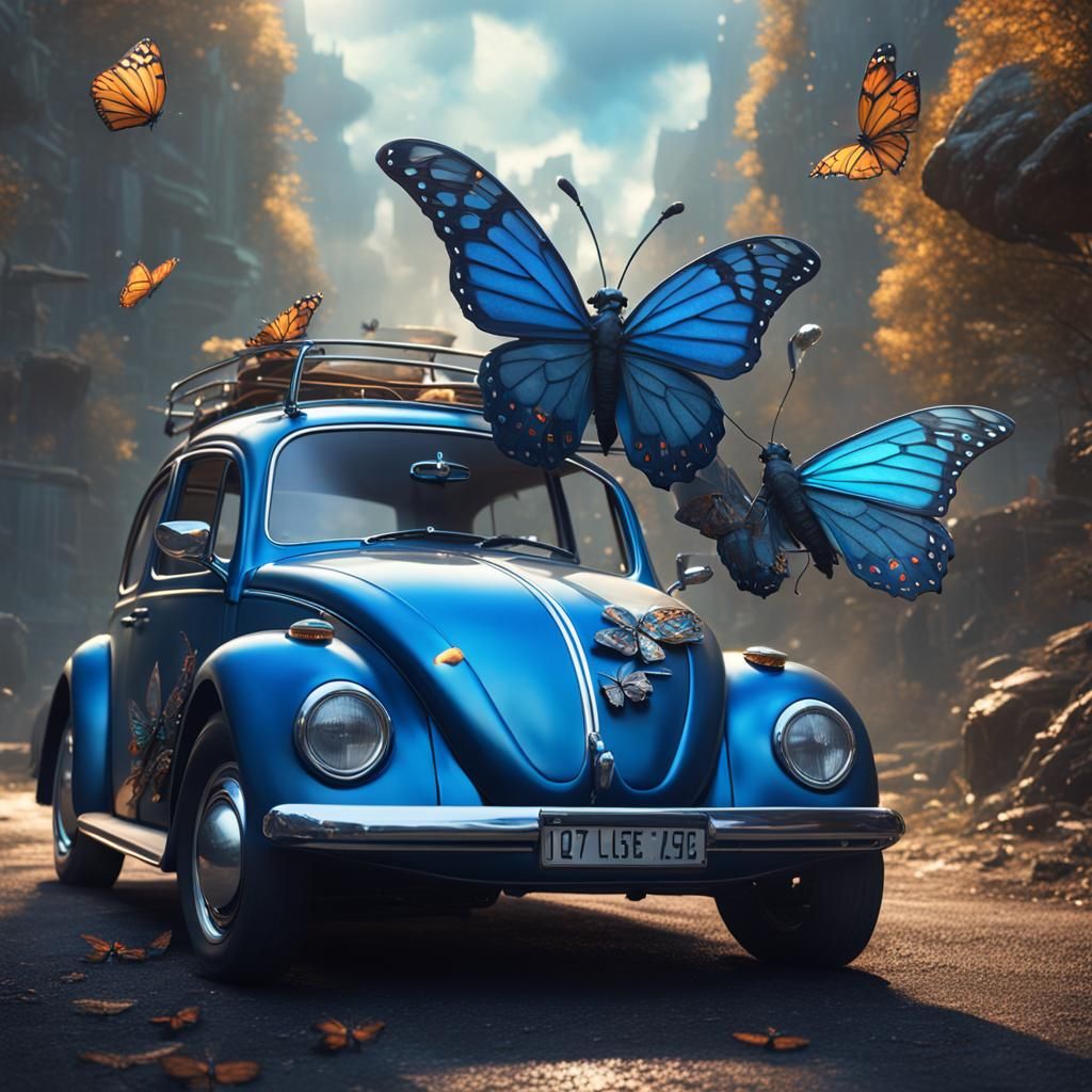 Blue Beetle with Butterfly Wings: Fantasy Art