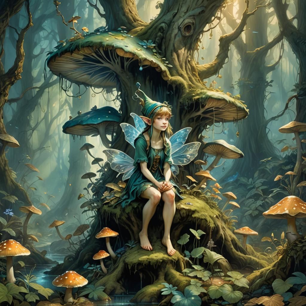 Pixie on Mushroom in Magical Forest: Fantasy Art