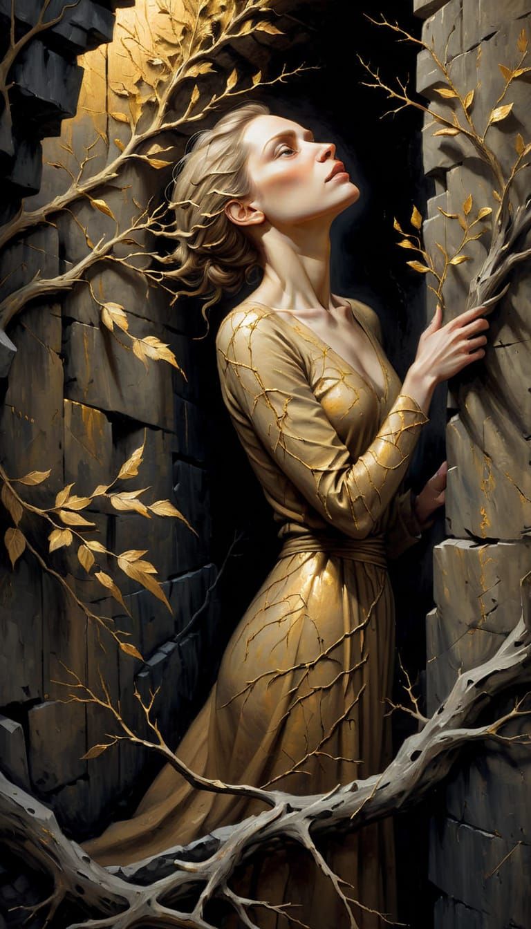 Woman Emerging From Ancient Wall in Oil Painting Style