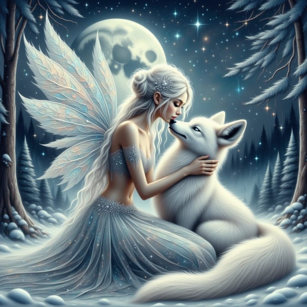 Winter Fairy and Fox Under Full Moon Fantasy Art