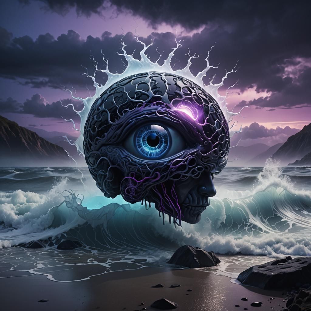Surreal Glass A with Brain, Dark Fantasy 3D Art
