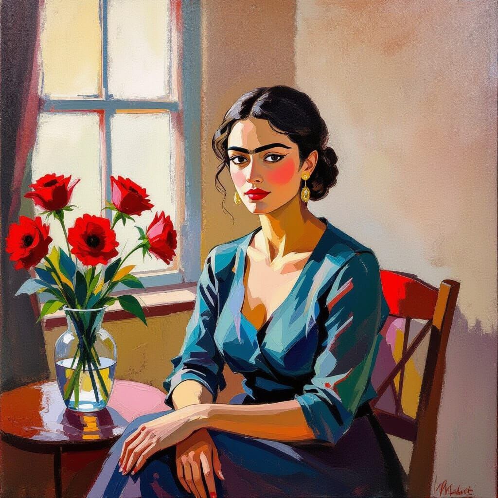 Red Flowers in Vase, Oil Painting with Soft Window Shadows