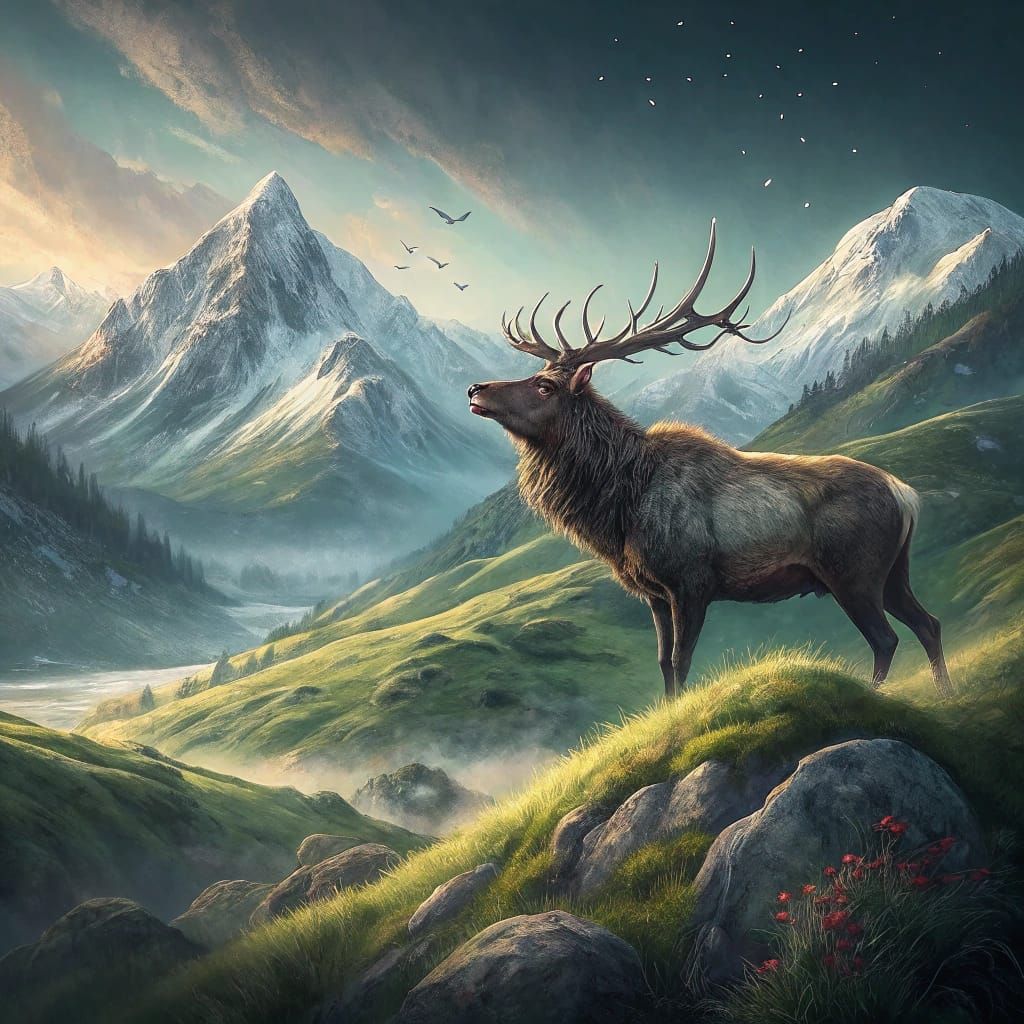 Majestic Elk in Emerald Hills, Fantasy Concept Art