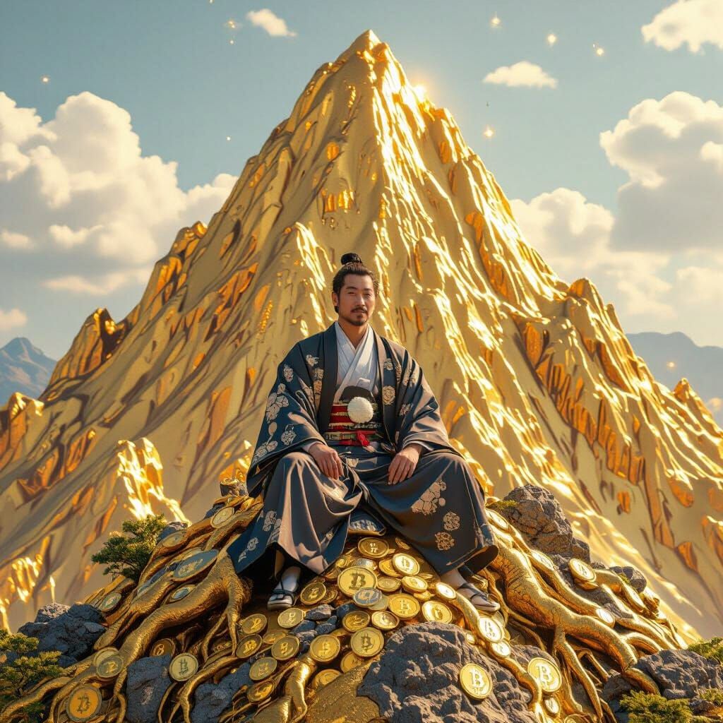 Japanese Man on Bitcoin Mountain in Futuristic Style