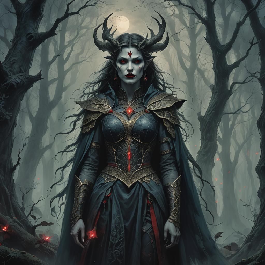 Demonic Woman in Misty Forest: Dark Fantasy Art
