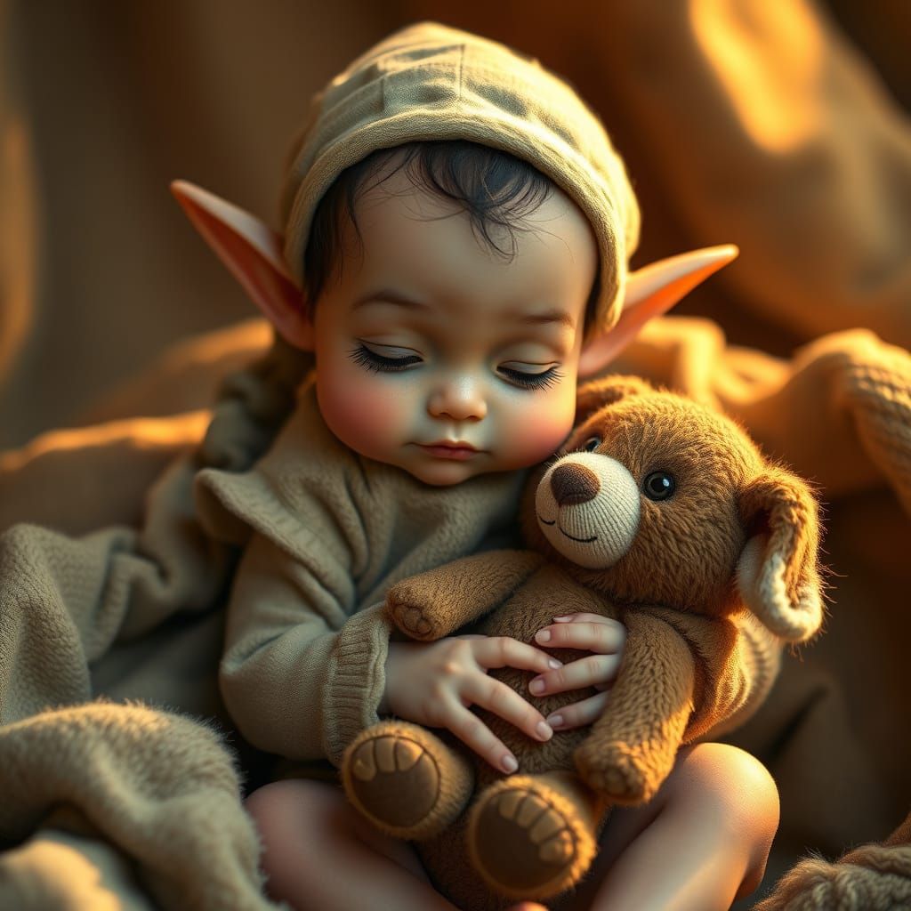 Baby Elf Asleep with Stuffed Animal