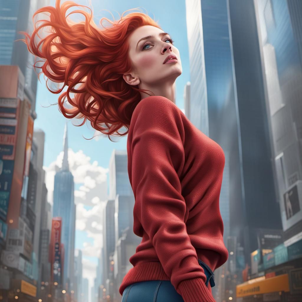 A Redhead Giantess Letting Her Hair Blow in the Wind