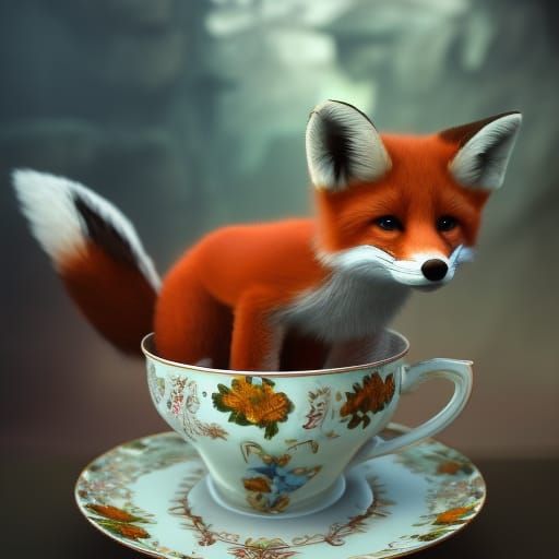 Baby Fox in Teacup: Fantasy Concept Art