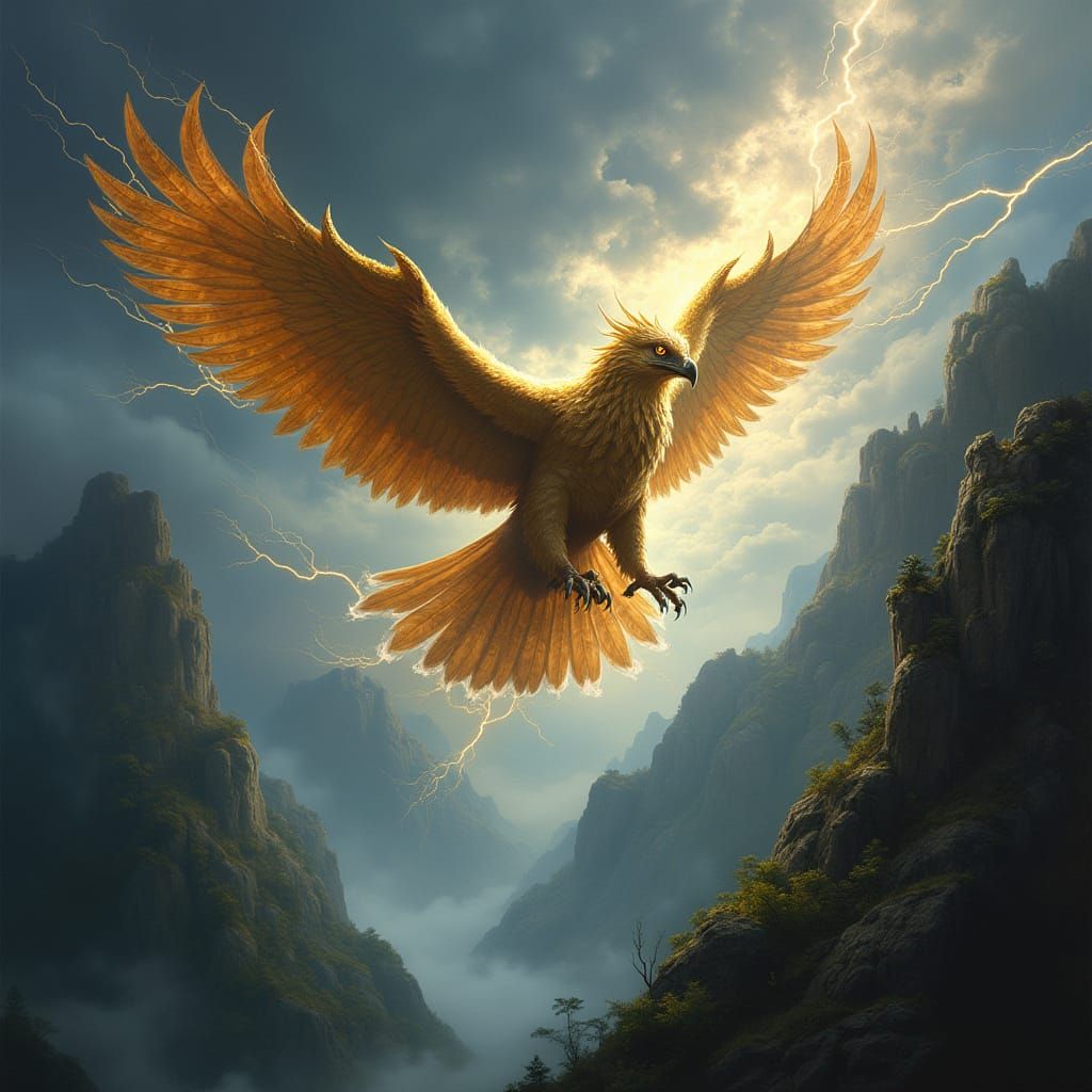 Ethereal Griffin in Stormy Skies with Golden Feathers
