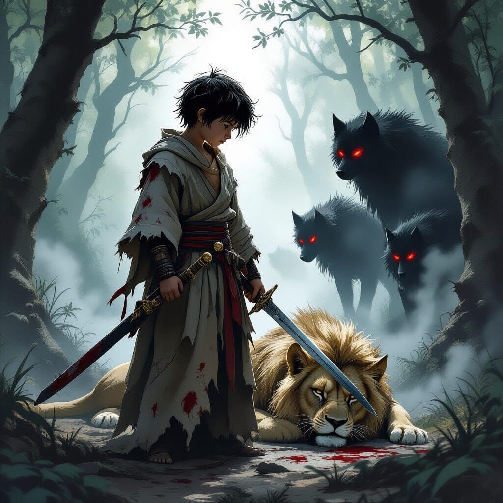 Boy Protecting Lioness from Hellhounds: Dark Fantasy