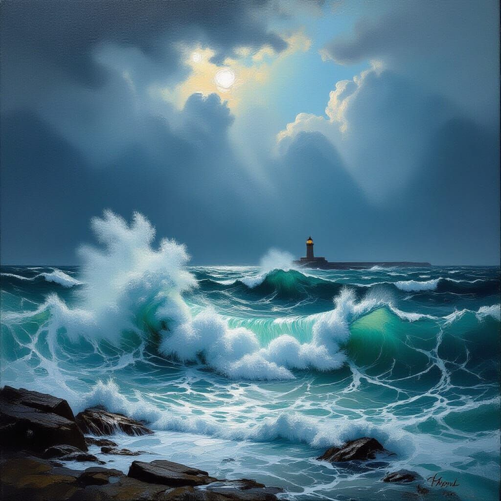 Stormy Seascape Oil Painting with Lighthouse