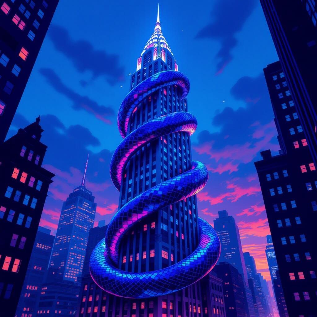 Iridescent Serpent on Art Deco Skyscraper at Dusk