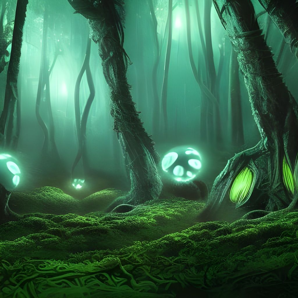 Bioluminescent Mushroom Forest with Alien Life