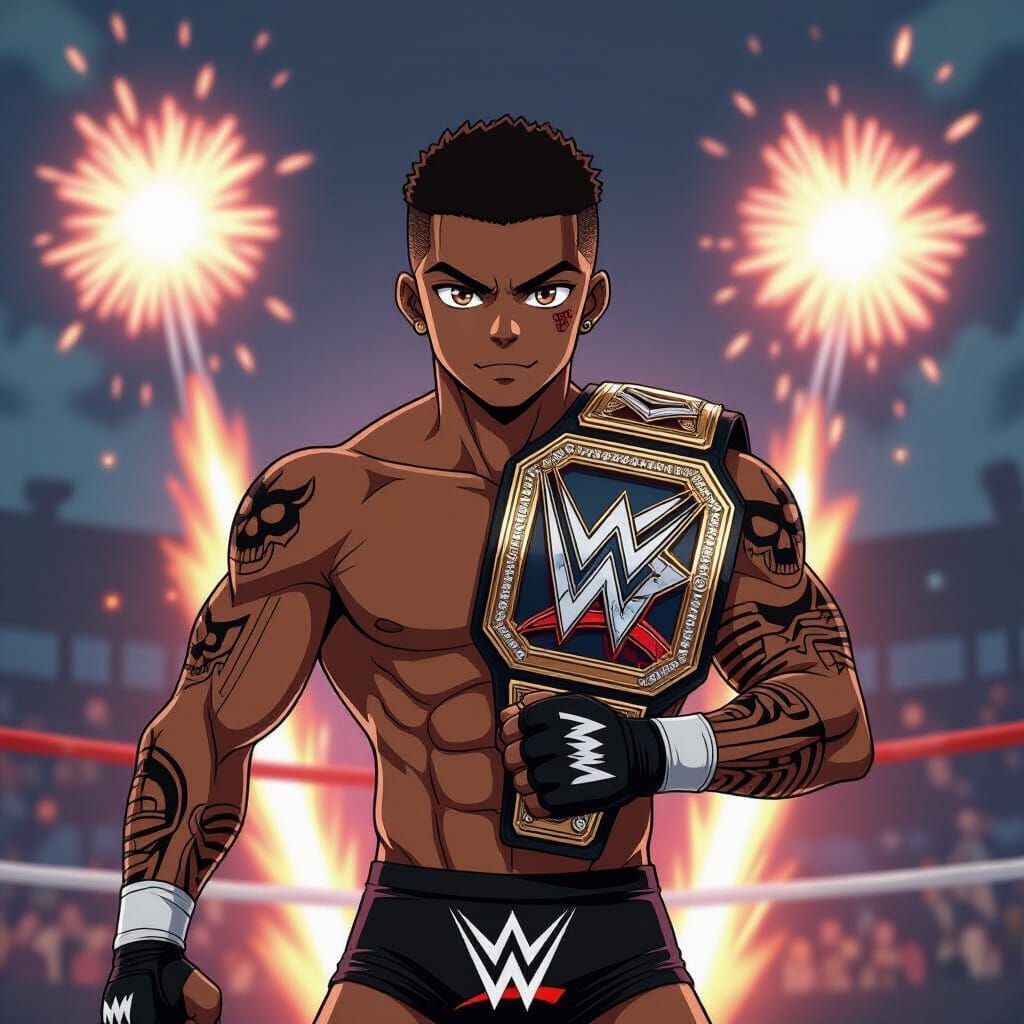 Anime Wrestler with Viper Tattoos and Championship Belt