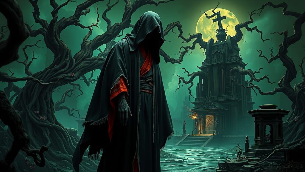 Ethereal Yokai Emerges from Haunting Fantasy Landscape