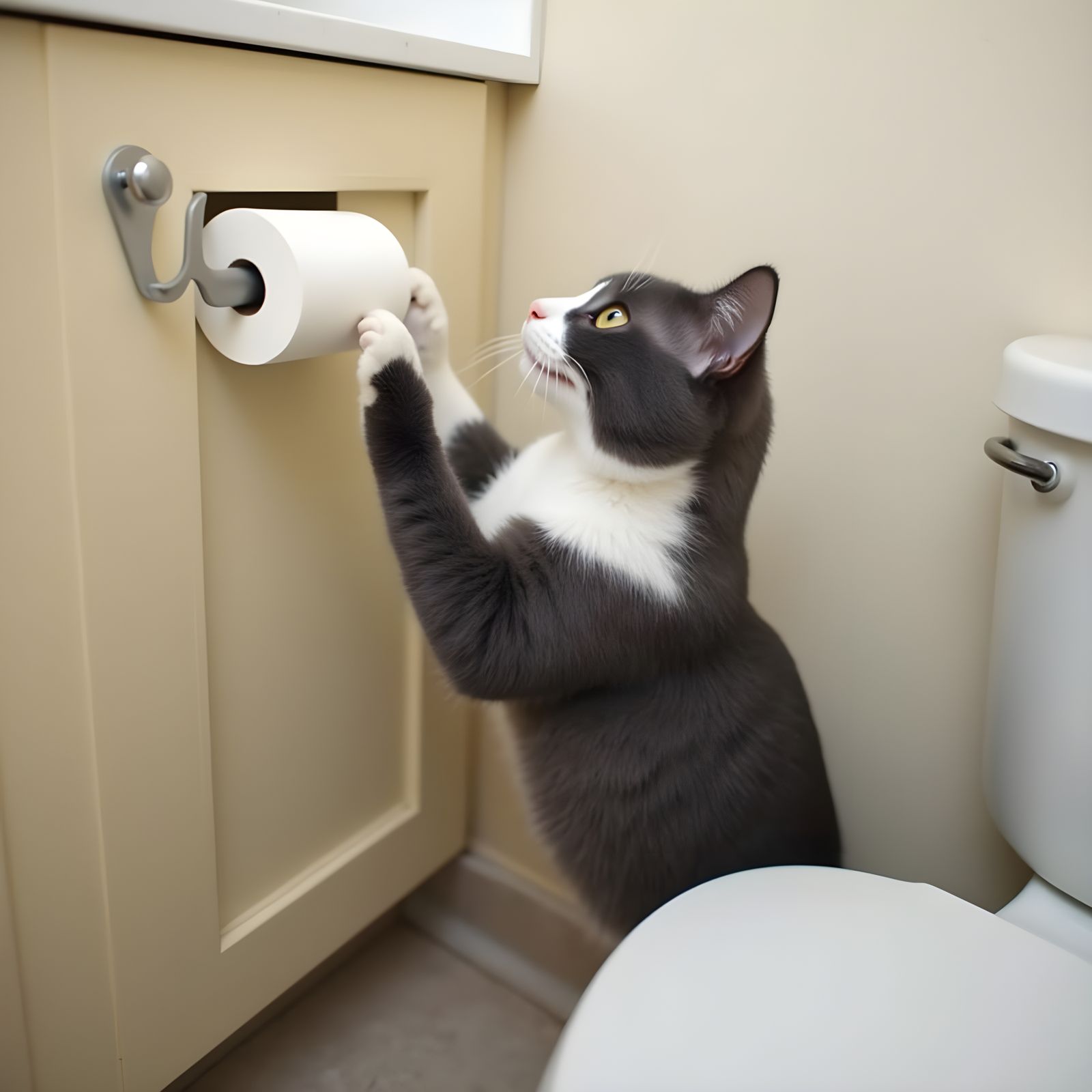 Playful Cat Reaching for Toilet Paper