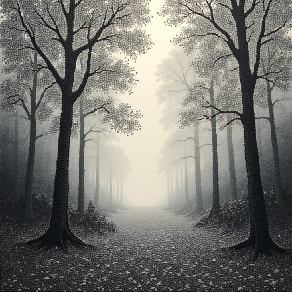 Serene Forest Landscape in Stippling Style