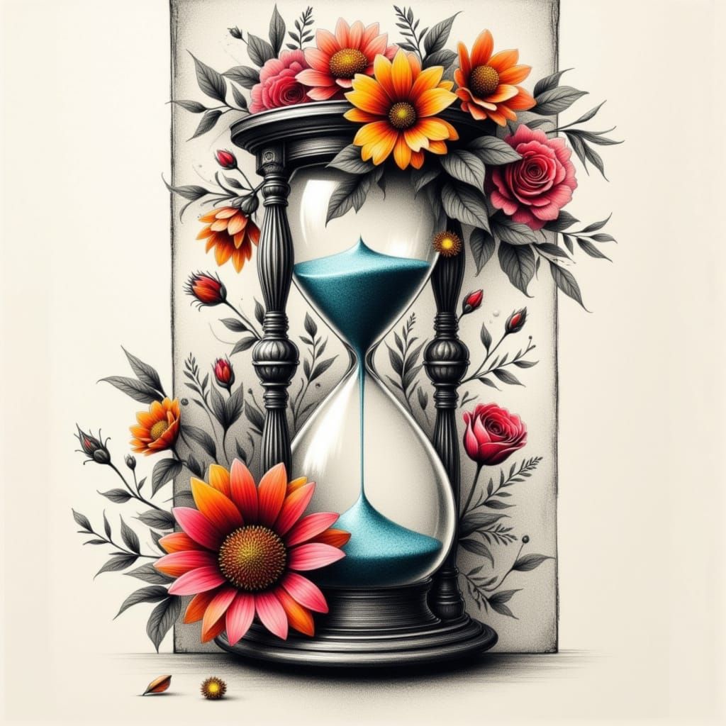 Mixed Media Hourglass Artwork with Vivid Flowers