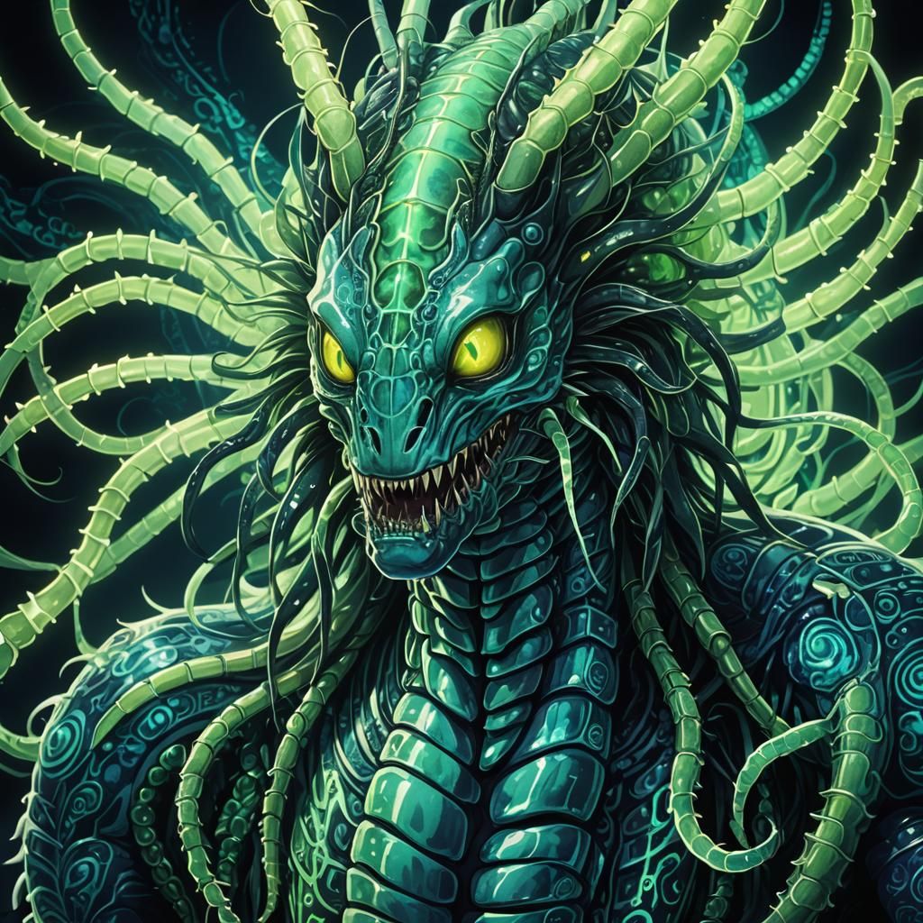 Bioluminescent Porcelain Centipede in Neon Anime Style