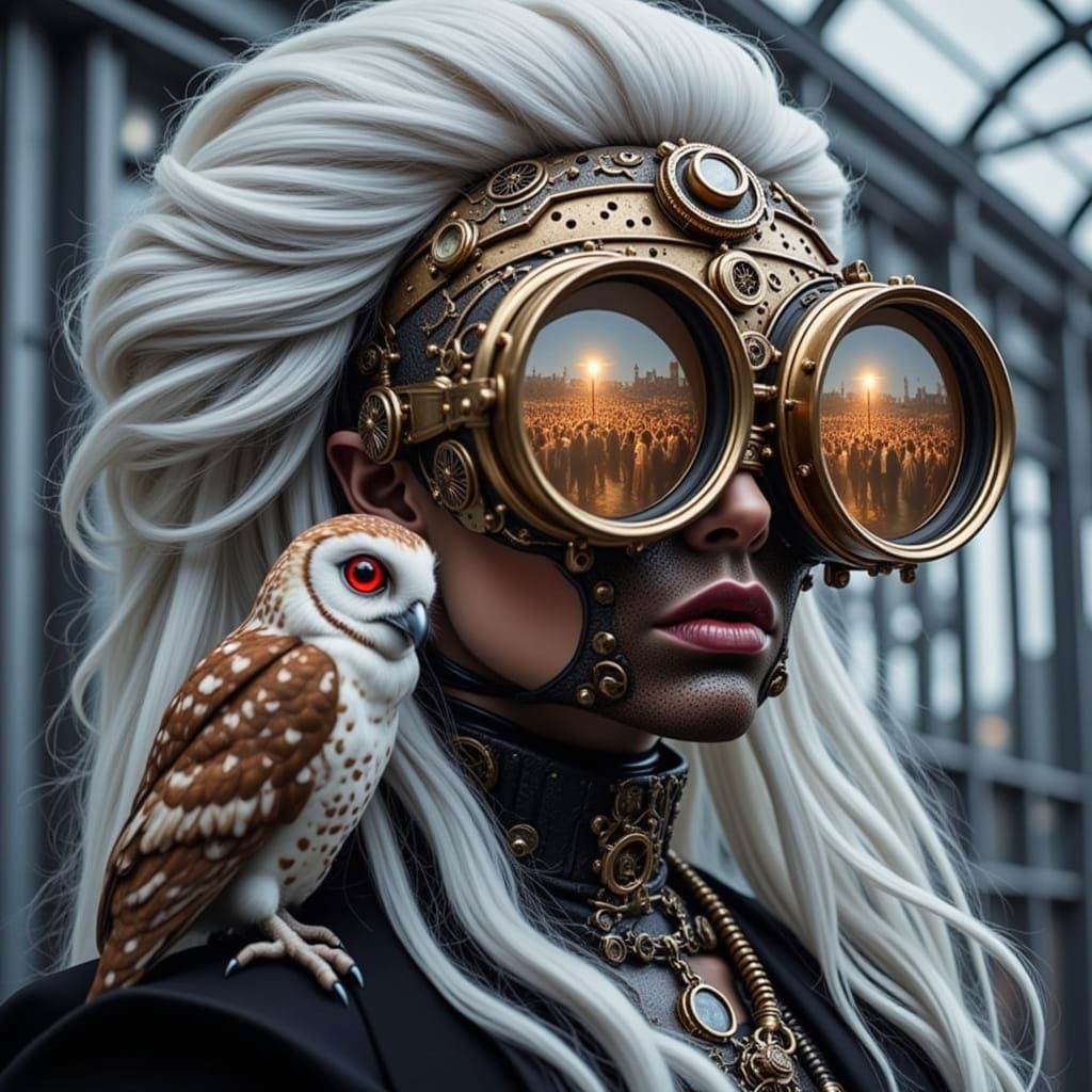 Steampunk Portrait of Woman with White Hair and Goggles